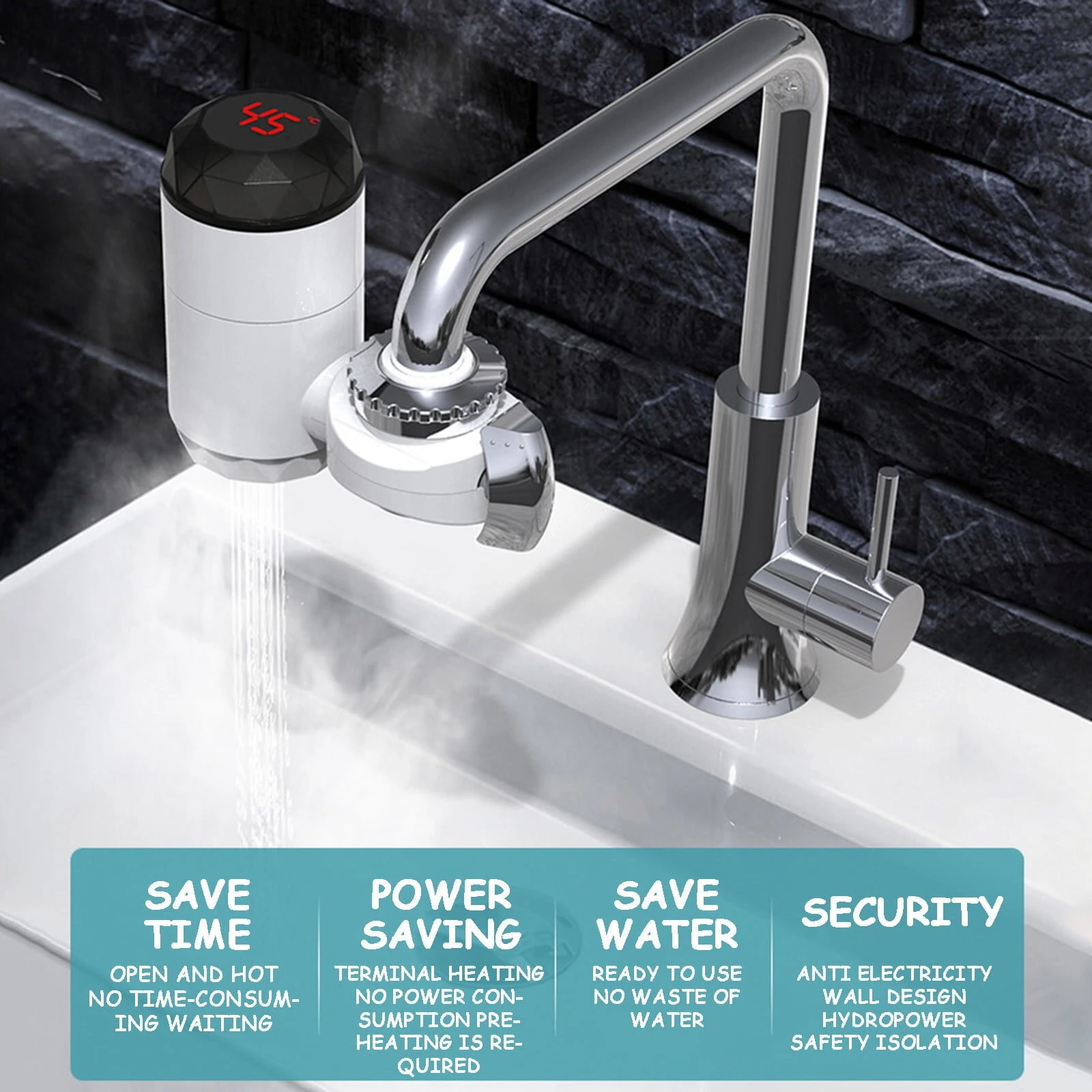 (image for) 3000W Instant Tankless Electric Water Heater Faucet with LED Display Easy Installation IPX4 Waterproof for Kitchen Bathroom